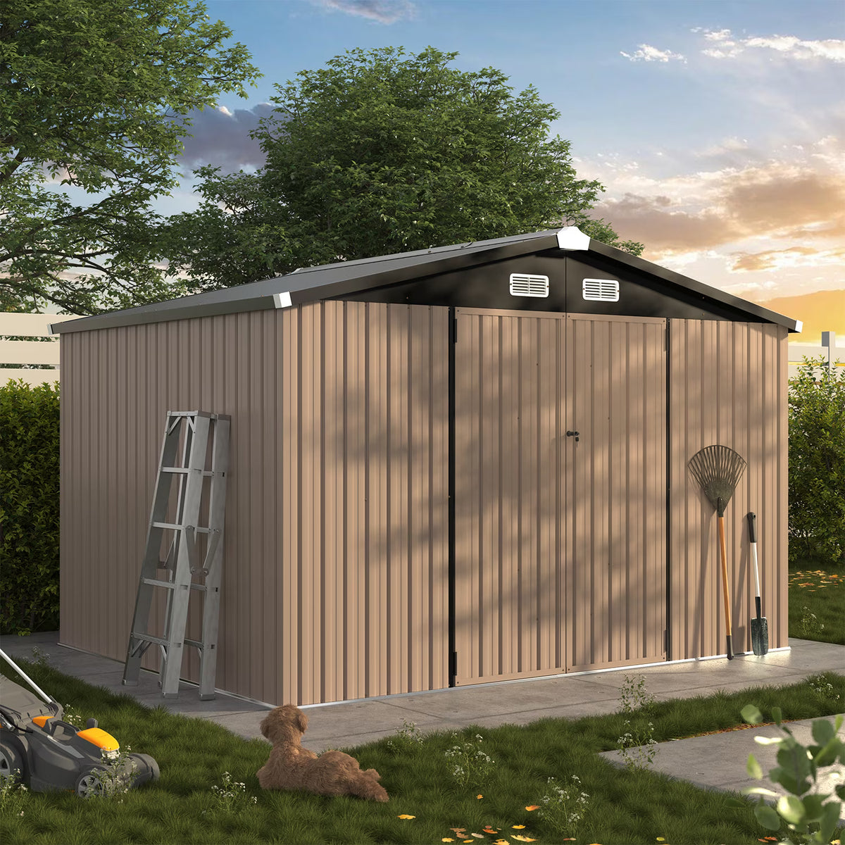 Dateyes 6X8FT Outdoor Storage Shed with Plastic Floor, Metal Tool Shed with Lockable Door and Vents, Patio Shed for Garden, Backyard, Poolside, Brown