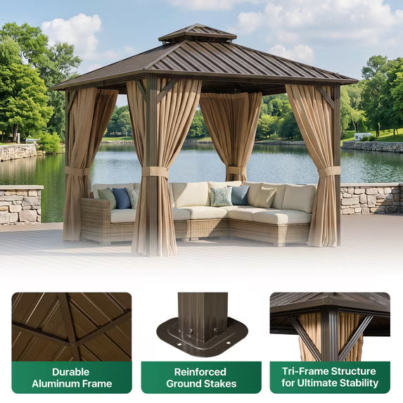 Dateyes 10x10 FT Outdoor Hardtop Gazebo, Aluminum Frame Gazebo with Removable Mesh Walls and Curtains for Patio, Lawns, Brown