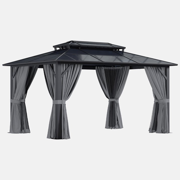 Clouddwell 10'x14' Hardtop Gazebo - Polycarbonate Double Roof with Netting & Curtains for Patio, Garden Sun Protection,Gray