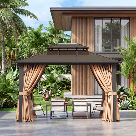 Dateyes 10'x12' Hardtop Gazebo - Polycarbonate Double Roof,Outdoor Permanent Pavilion with Curtains and Mosquito Netting for Patio, Backyard,Brown