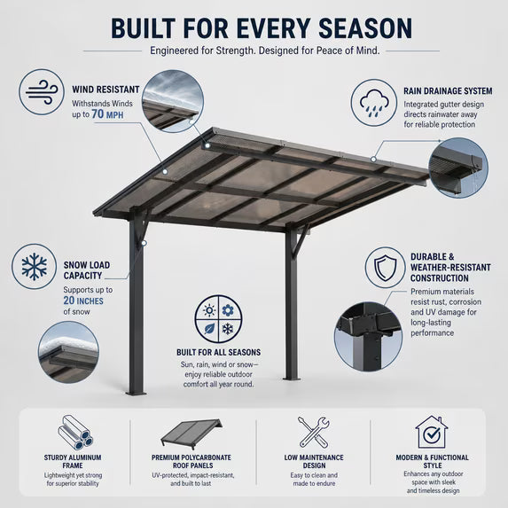 Dateyes 10'x8' Freestanding Hardtop Gazebo Pergola Heavy Duty Patio Carport with Multi Wall Polycarbonate Roof, Wall Mounted Awning for Decks, Weatherproof & Low Maintenance