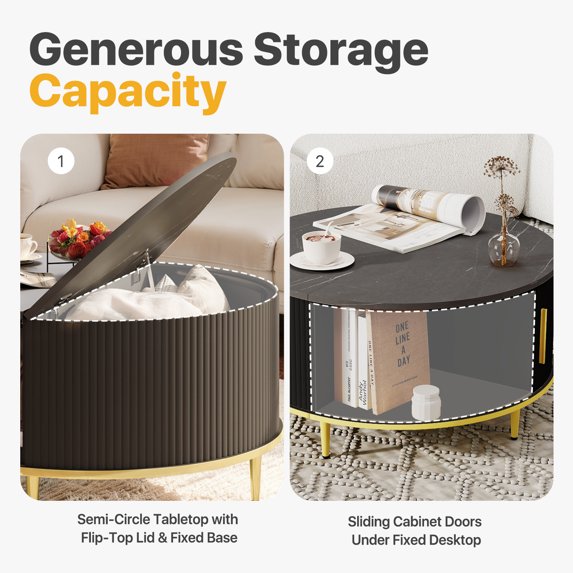 Sonegra Mid-Century Modern Round Coffee Table - Black with Sliding Door Storage for Living Room