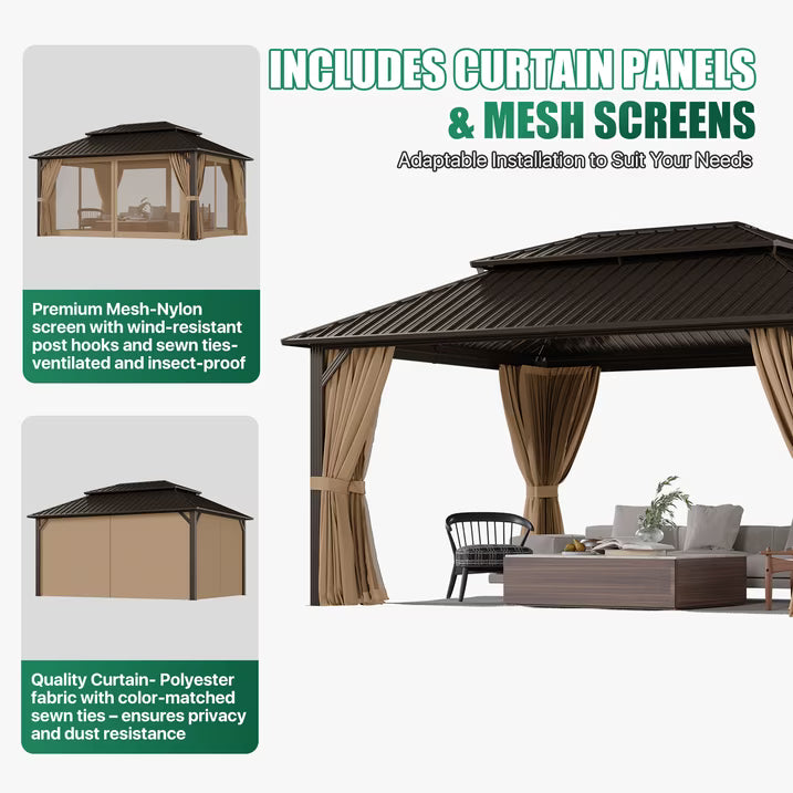 Dateyes 12x16 FT Outdoor Hardtop Gazebo, Aluminum Frame Gazebo with Removable Mesh Walls and Curtains for Patio, Lawns, Brown