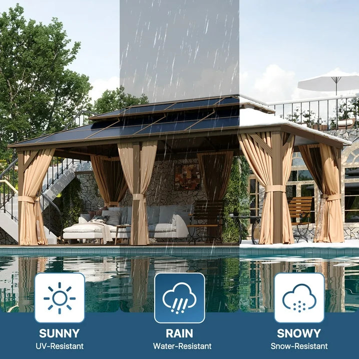 Sunmthink 12' x 20'Hardtop Gazebo,Polycarbonate Double Roof,Aluminum Frame with Curtains and Netting for Patio,Garden,Brown
