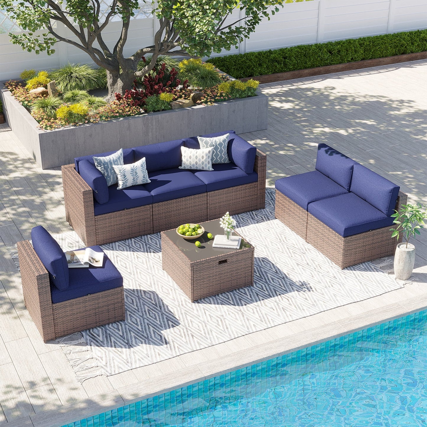 Clouddwell 7 Piece Patio Furniture Set Wicker Rattan Patio Conversation Set Outdoor Sectional Sofa Set with Coffee Table and Blue Cushions(Waterproof Cover Included)