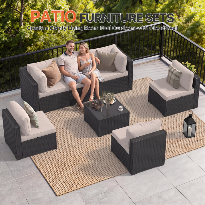 Clouddwell 7 Pieces Patio Furniture Set, All-Weather Wicker Rattan Patio Sectional Sofa Set with Coffee Table (Beige)