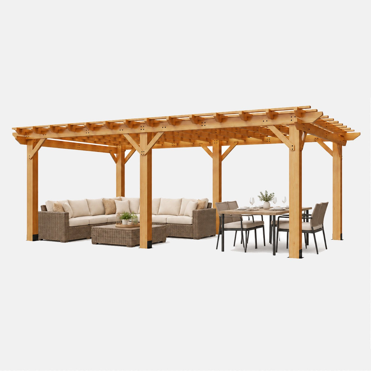 Sunmthink 12' x 20' Solid Cedar Outdoor Pergola, Tiered Lattice Canopy, Wind-Resistant up to 100 MPH, Natural Wood Finish for Patio, Deck, Lawn & Garden