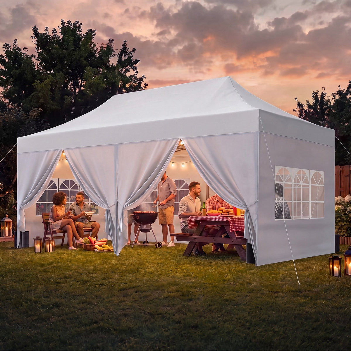 Dateyes 10x20 FT Pop Up Canopy Tent with 45mm Heavy Duty Steel Frame & 6 Sidewalls, Waterproof Outdoor Canopy, 3-Level Adjustable Height, Instant Party Tent with Roller Bag, White