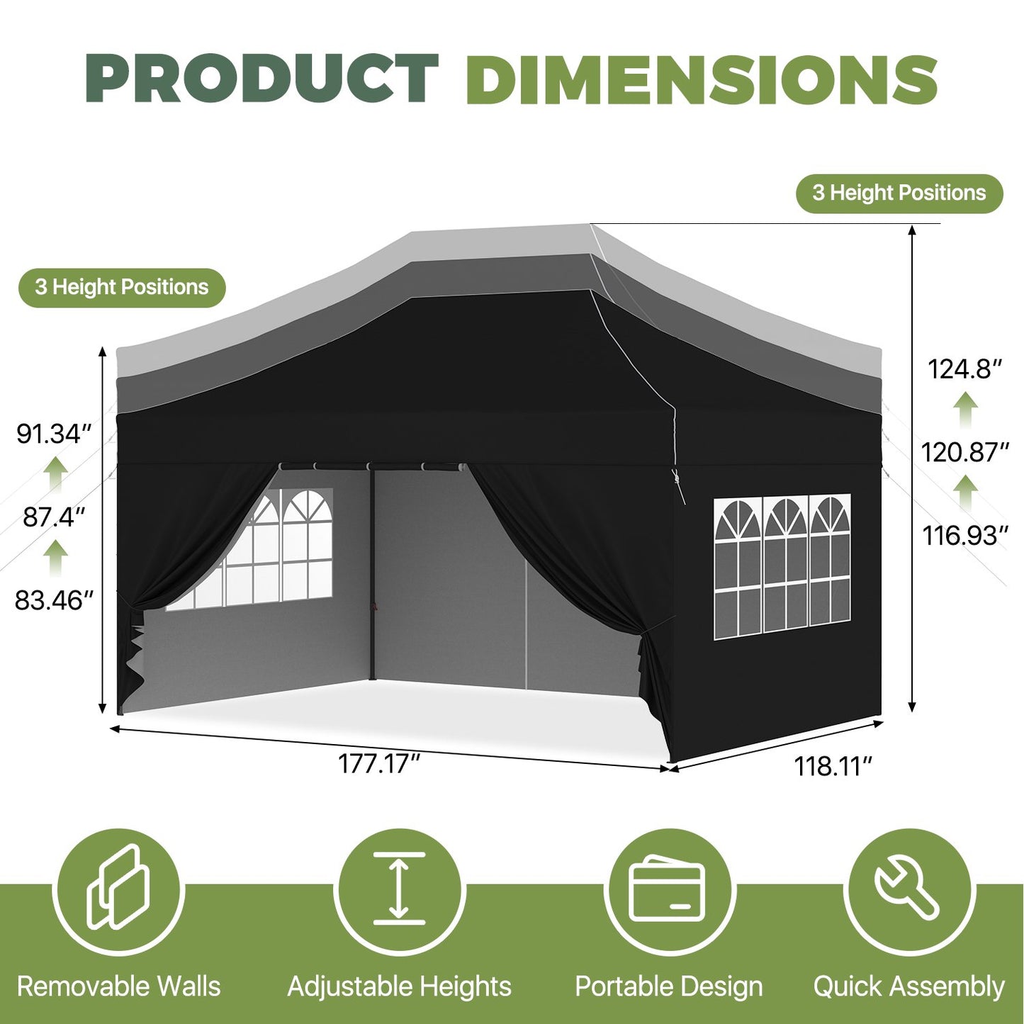 Clouddwell 10'x15' Pop Up Canopy Tent with Removable Sidewalls, Adjustable Height Instant Outdoor Canopy, Portable Sun Shade Shelter with 4 Sandbags, Easy Setup for Events, Parties, Black