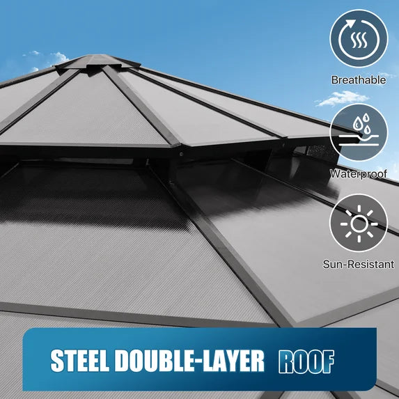Sunmthink 10' x 10' Hardtop Gazebo,Polycarbonate Double Roof,Aluminum Frame with Curtains and Netting for Patio,Garden,Brown