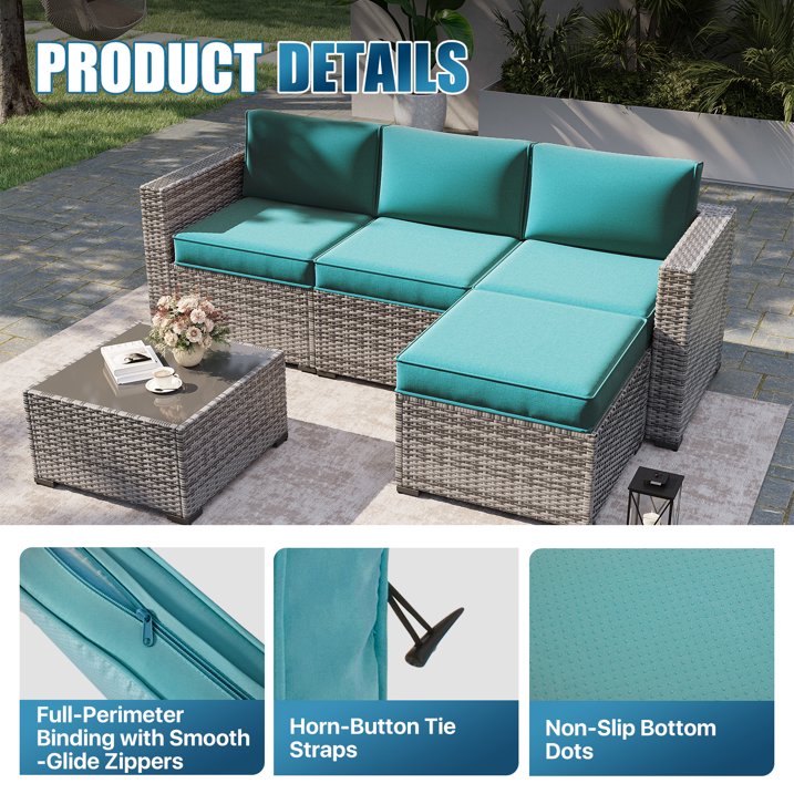Clouddwell 7-Piece Premium Outdoor Cushion Set, High-Resilience Waterproof Cushions for 4-Seat Wicker Sectional(Sky Blue)