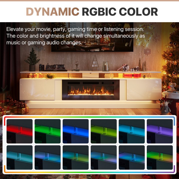 Sonegra Modern Fireplace TV Stand for TVs Up to 90" with Music Sync LED, 80" Entertainment Center with Electric Fireplace, TV Console with Storage Cabinets for Living Room, White