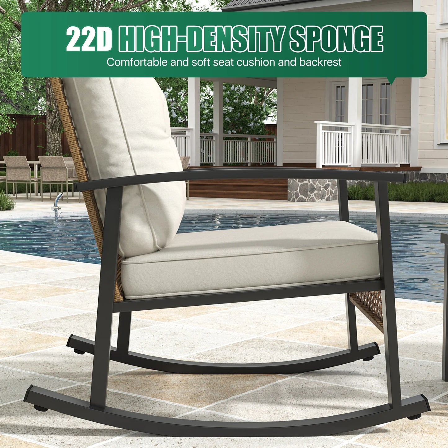 Clouddwell 3-Piece Patio Furniture Set,Steel Rocking Chair with Comfortable Cushions and Coffee Table.for Garden,Yard off-White