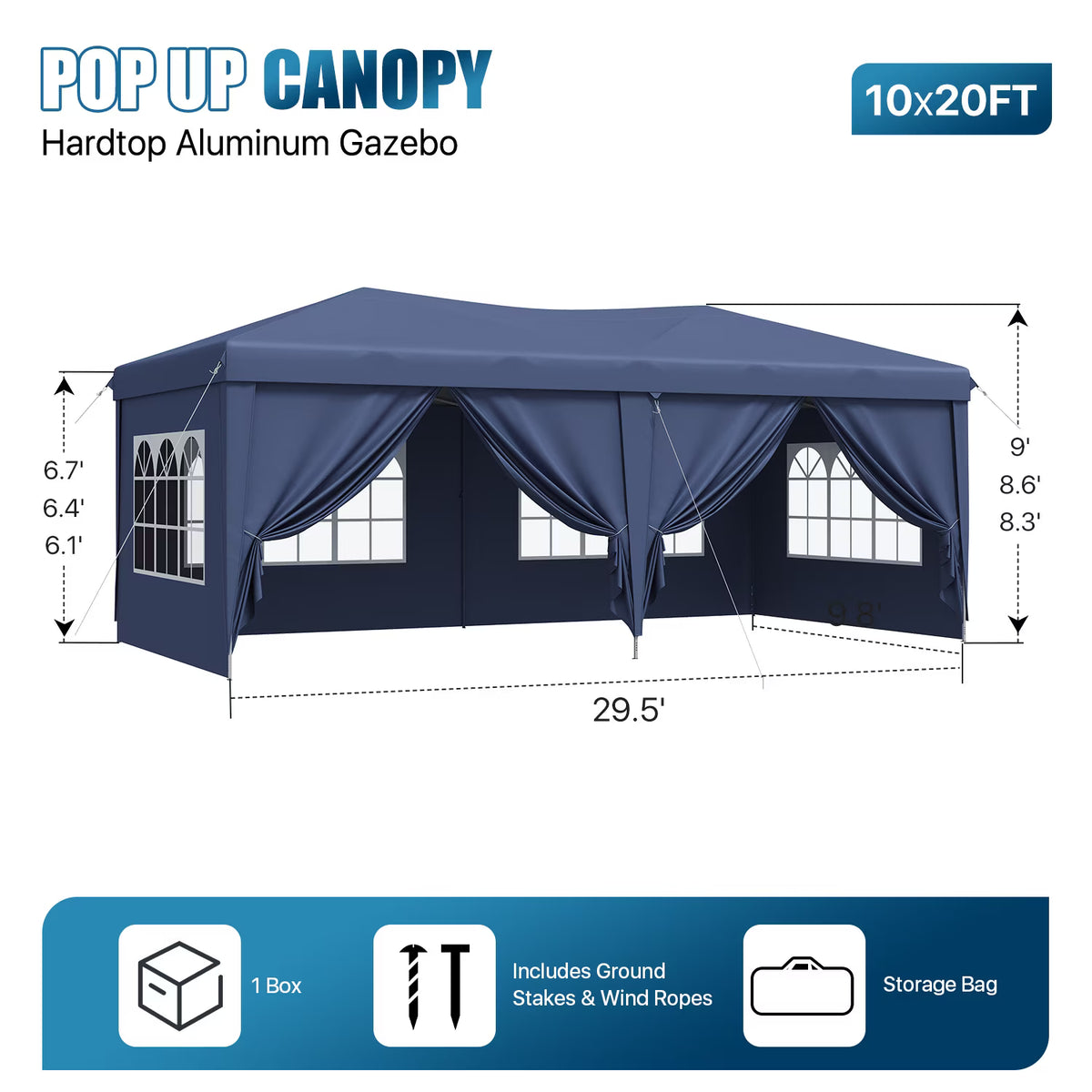 Dateyes 10x20 Pop Up Canopy Tent, Waterproof Party Tent with 6 Removable Sidewalls, 3-Level Height Adjustable Event Tent, Instant Shelter for Wedding, Party, Commercial & Market Events,Blue