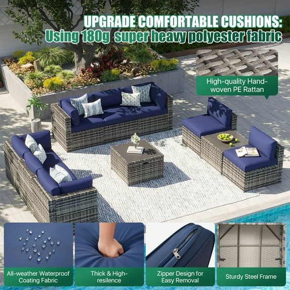 Clouddwell 10 Piece Patio Furniture Set Wicker Rattan Patio Conversation Set Outdoor Sectional Sofa Set with Coffee Table and Blue Cushions(Waterproof Cover Included)