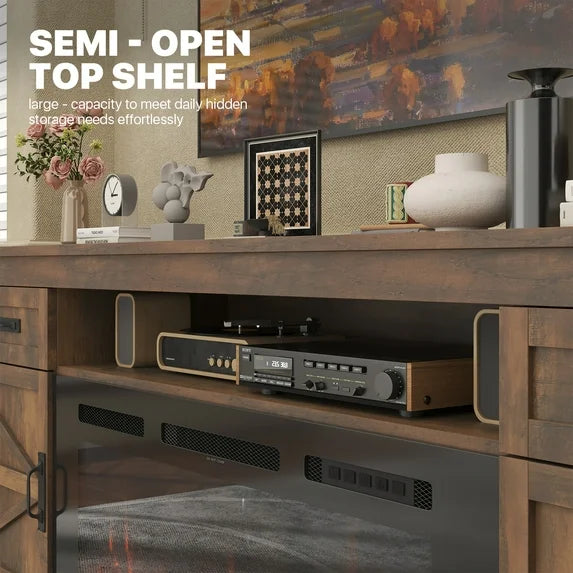 Sonegra Fireplace TV Stand with Barn Door for TVs up to 80", Farmhouse 70" Fireplace Entertainment Center, TV Console with Storage Cabinets for Living Room, Brown