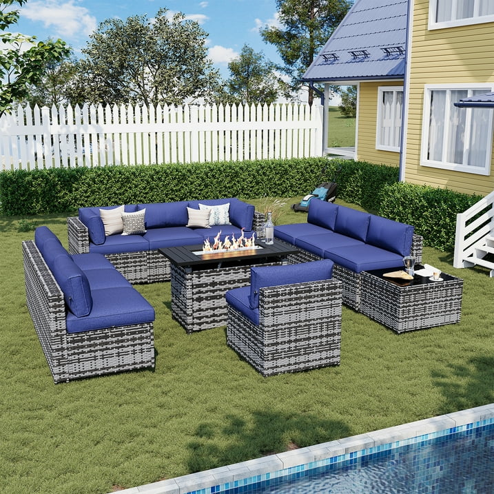 Sunmthink Patio Furniture Sets, 12-Piece Outdoor Patio Furniture with 44'' Propane Gas Firepit Table, Wicker Outdoor Conversation Set and Waterproof Cover for Backyard, Poolside, Garden