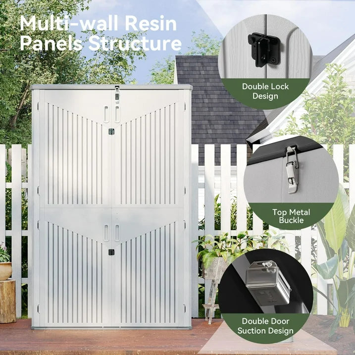 Aoxun Outdoor Resin Storage Shed with Metal Shelving Kit & Floor, 64 Cu.Ft Vertical Waterproof Storage Cabinet for Garage Storage, Pool Storage, Bike Shed, Garden Tools, Patio Furniture (White)