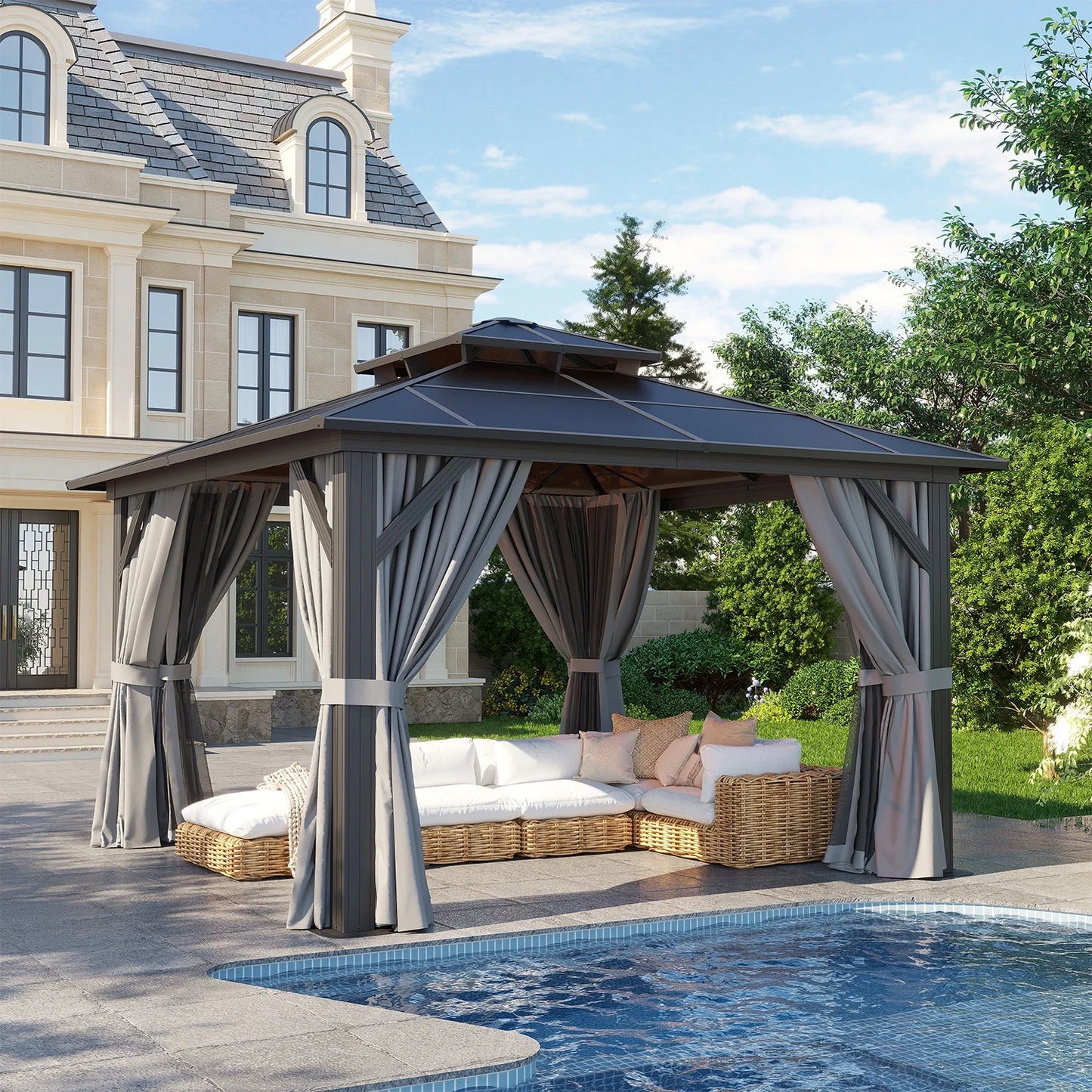 Clouddwell 12'x12' Hardtop Gazebo - Polycarbonate Double Roof with Netting & Curtains for Patio, Garden Sun Protection,Gray