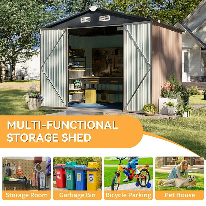 Sunmthink 6X8FT Outdoor Storage Shed with Plastic Floor, Metal Tool Shed with Lockable Door and Vents, Patio Shed for Garden, Backyard, Poolside, Brown