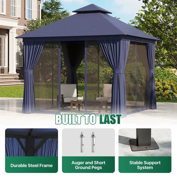 Clouddwell 10'x 10' Patio Gazebo Double Roof Protection All-Weather Outdoor Shelter Features Insect Screens & Privacy Curtains Ideal for Backyard, Lawn, (Blue)