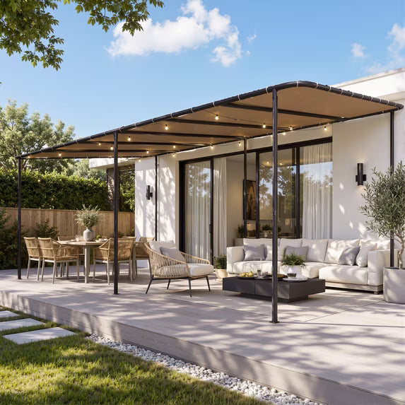 Dateyes 20'x12' Wall-Mounted Metal Gazebo , Water-Resistant Khaki Canopy with UV Protection for Patio & Garden