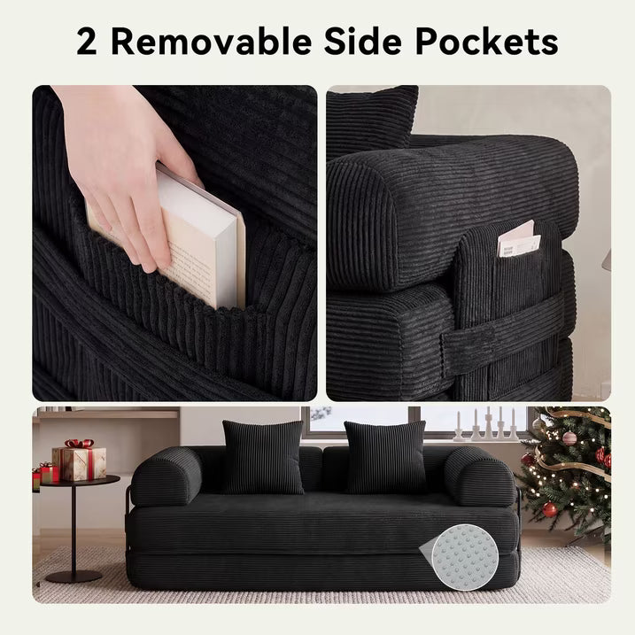 LazySunsets Sofa Bed Convertible Boneless Couch Corduroy Modular Couch Bed with Fixed-Shape Frame & Removable Armrests for Living Room, Bedroom Black