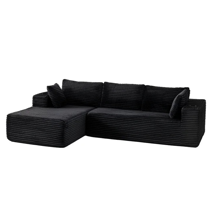 Sunmthink Cloud Couch Corduroy Modular Sectional Sofa L-Shape Boneless Couch with Wide Armrests and Cup Holders for Living Room Bedroom, No Assembly Required (Black)