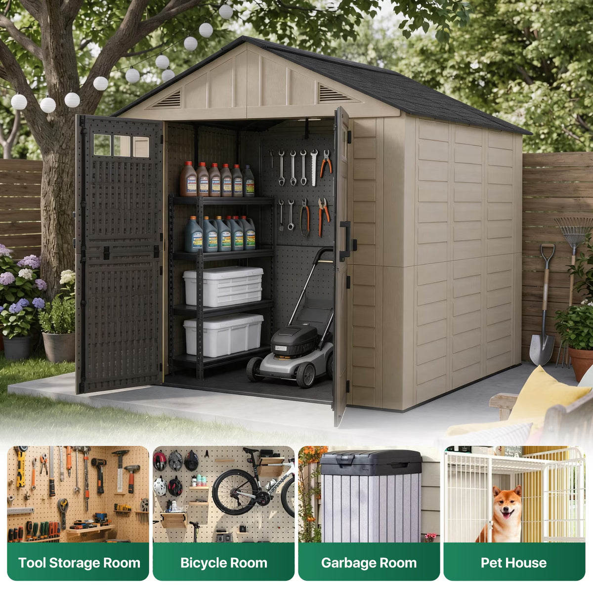 Clouddwell 8x8 FT Outdoor Storage Shed with Floor, HDPE Resin Garden Storage House with Double Doors, Windows & Ventilation, Heavy Duty Backyard Tool Shed for Lawn Equipment and Garden Supplies