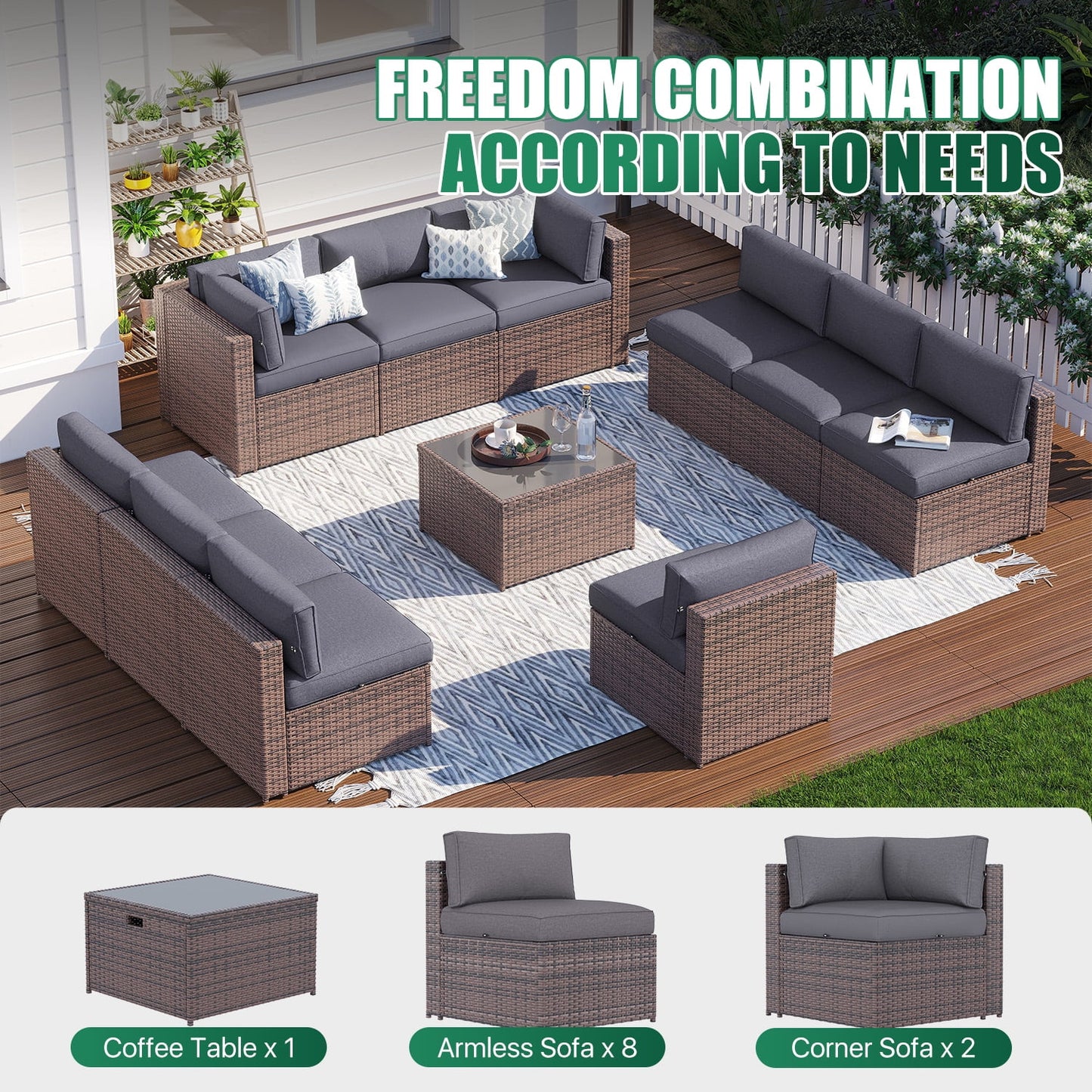 Clouddwell 11 Piece Patio Furniture Set Wicker Rattan Patio Conversation Set Outdoor Sectional Sofa Set with Coffee Table and Gray Cushions(Waterproof Cover Included)