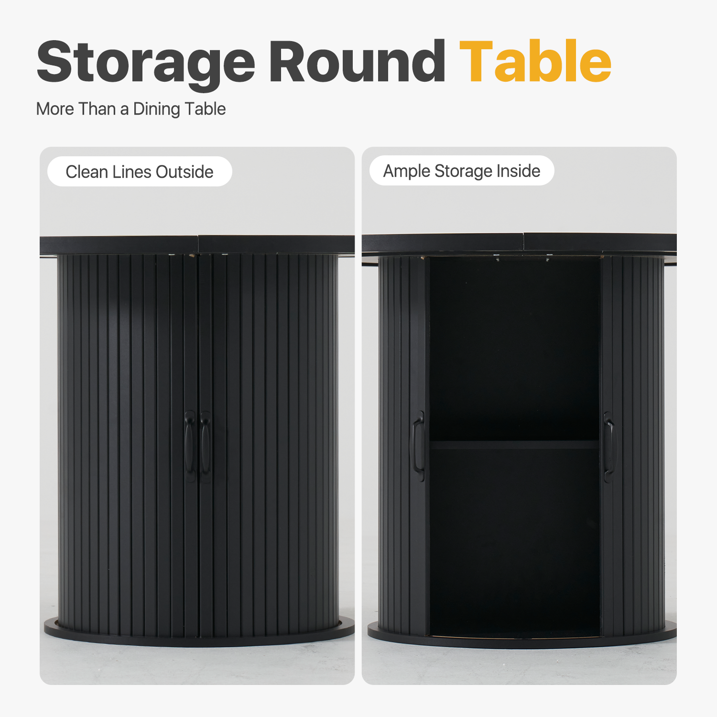 Sonegra 47-inch Round Dining Table with Storage, Modern Fluted Circle Kitchen Table with 2-Layer Storage and Sliding Door, for Kitchen Living Room, Black