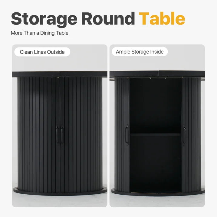 Sonegra 47“ Round Dining Table with Storage, Modern Fluted Circle Kitchen Table with 2-Layer Storage and Sliding Door, for Kitchen Living Room, Black