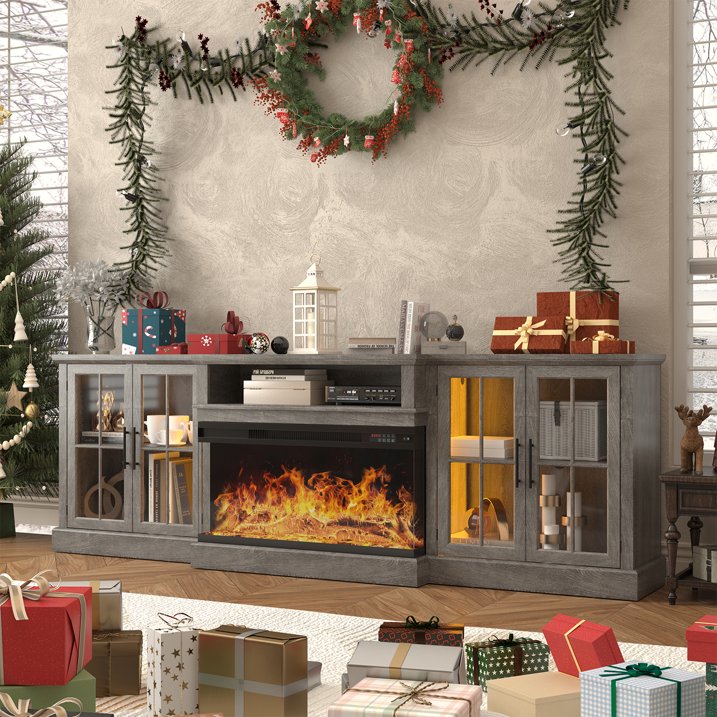 Sonegra 98" Farmhouse TV Stand with Fireplace for TVs up to 100", Media Entertainment Center with Adjustable Shelves and Large Storage Cabinets, for Living Room, Gray