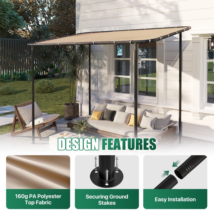 Clouddwell 10×6 FT Wall-Mounted Sloped Roof Outdoor Pergola Canopy, Water-Resistant & UV-Resistant Metal Patio Gazebo for Backyard Garden Porch in Khaki