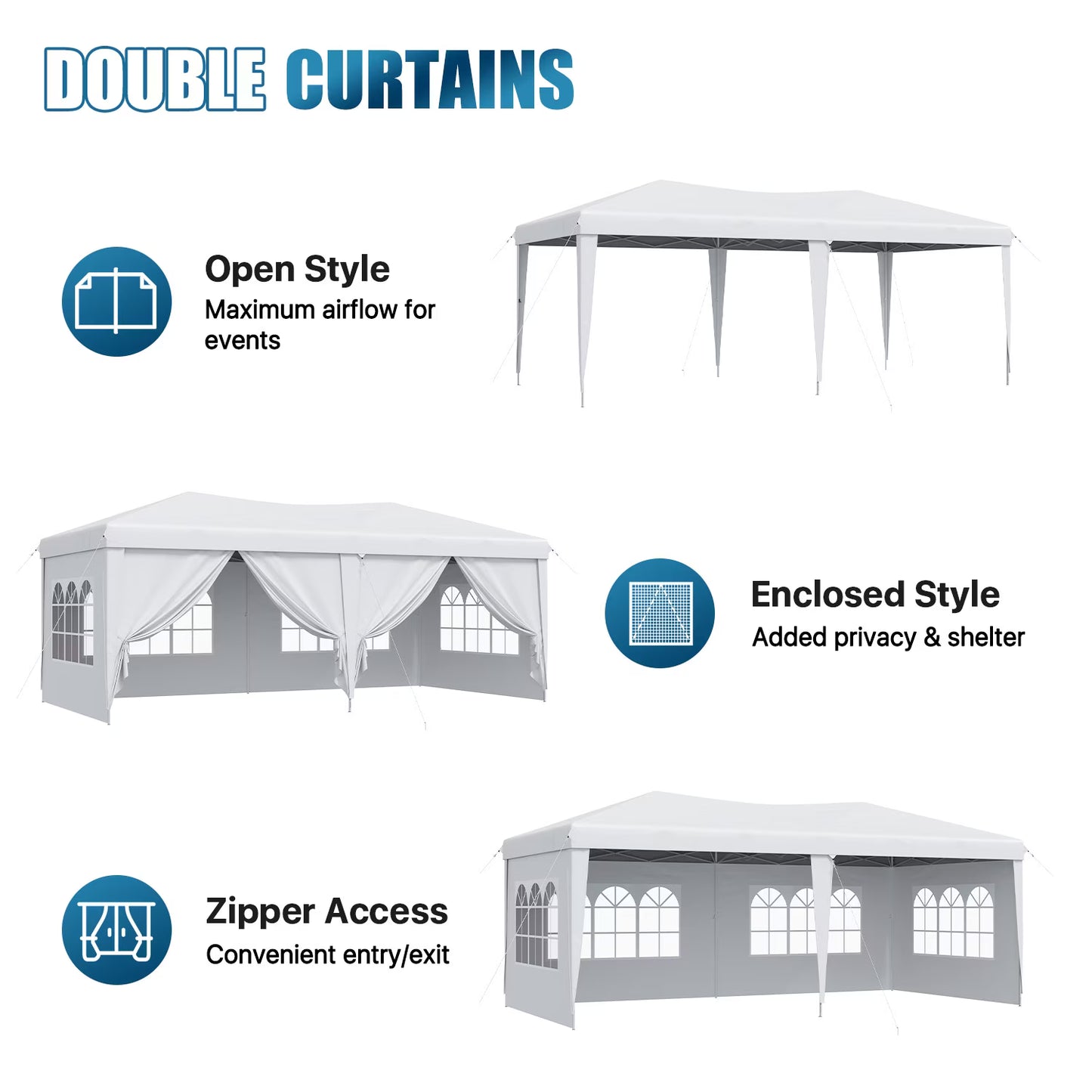 Dateyes 10x20 Pop Up Canopy Tent, Waterproof Party Tent with 6 Removable Sidewalls, 3-Level Height Adjustable Event Tent, Instant Shelter for Wedding, Party, Commercial & Market Events,White