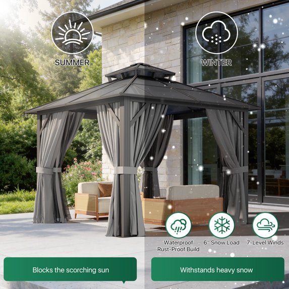 Clouddwell 10'x10' Hardtop Gazebo - Polycarbonate Double Roof with Netting & Curtains for Patio, Garden Sun Protection,Gray