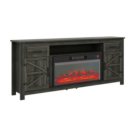 Sonegra 80" Fireplace TV Stand, Entertainment Center for TVs Up to 90”, TV Console with Storage Cabinets, Media Console for Living Room, White TV Stand and Black Fireplace, Gray