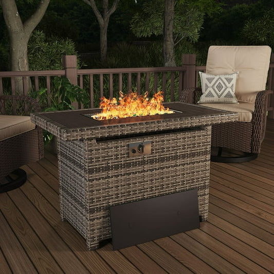 Aoxun 40'' Fire Pit Table 50,000 BTU Propane Gas Fire Pit Table W/ Cover, Glass Beads, Tank Holder, Gray Wicker