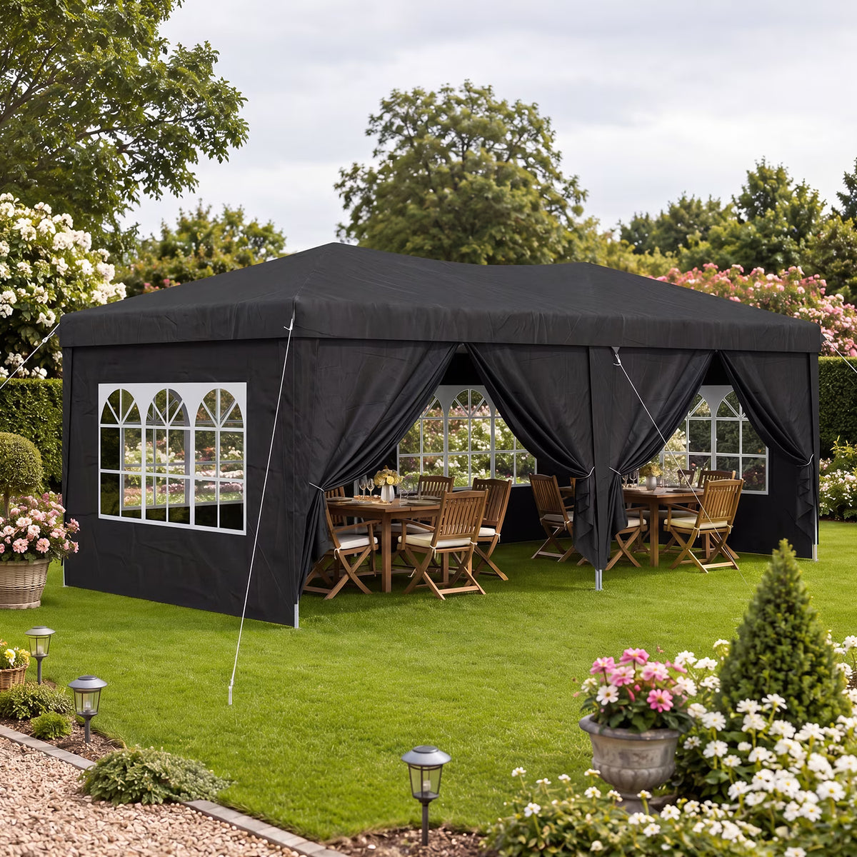 Dateyes 10x20 Pop Up Canopy Tent, Waterproof Party Tent with 6 Removable Sidewalls, 3-Level Height Adjustable Event Tent, Instant Shelter for Wedding, Party, Commercial & Market Events, Black