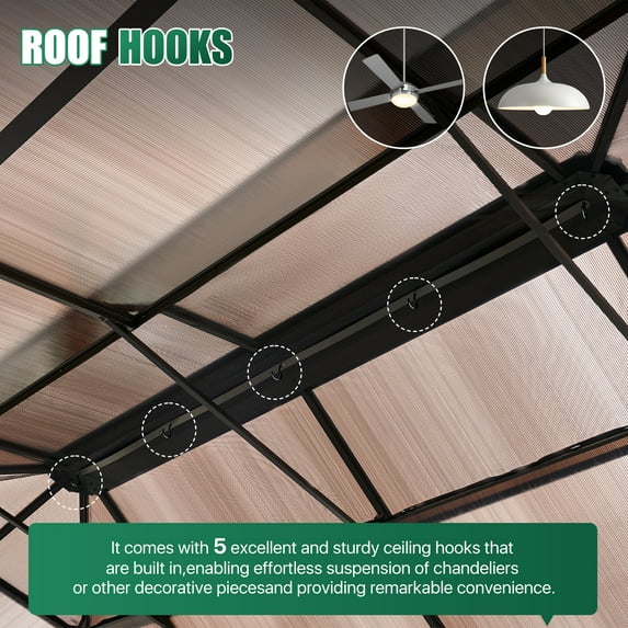 Clouddwell 12'x20' Hardtop Gazebo - Polycarbonate Double Roof with Netting & Curtains for Patio, Garden Sun Protection,Browm