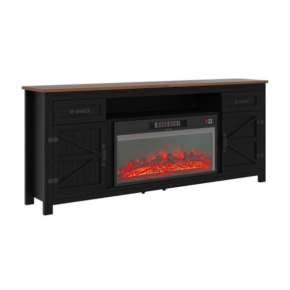 Sonegra 80" Fireplace TV Stand, Entertainment Center for TVs Up to 90”, TV Console with Storage Cabinets, Media Console for Living Room, White TV Stand and Black Fireplace, Black
