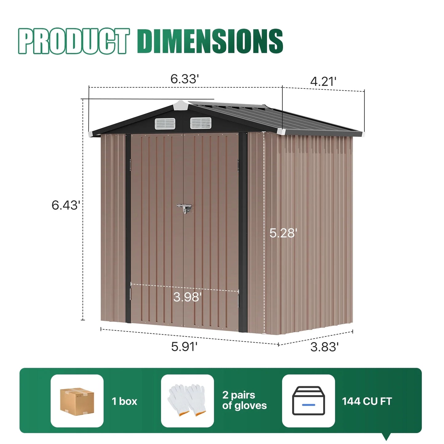 Clouddwell 6x4 ft. Metal Storage Shed with Base, Galvanized Steel Outdoor Garden Shed (Brown)