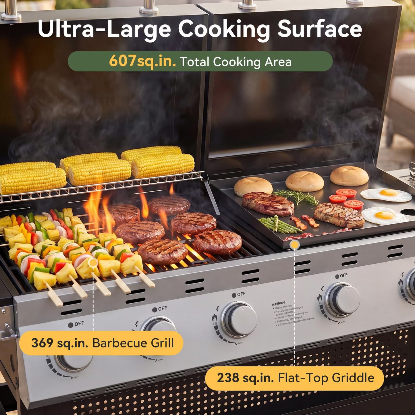 Clouddwell 5 Burner Gas Propane Grill and Griddle Combo BBQ Grill, 54000 BTU 2-in-1 Outdoor BBQ with Stainless Steel Lids, 4 Casters, Side Table, and Thermometer