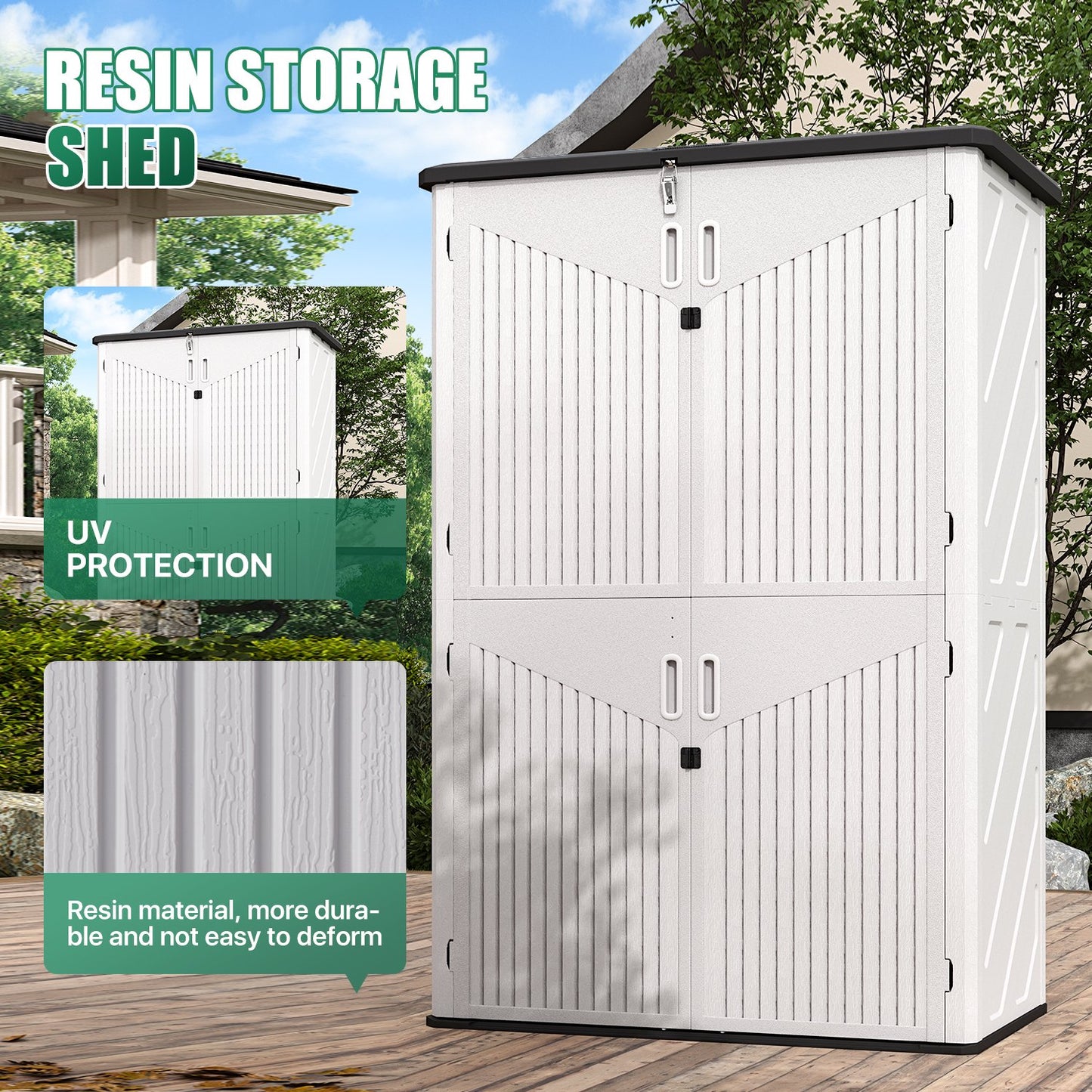 Clouddwell Outdoor Storage Shed, 64 Cu.Ft Vertical Storage Sheds with Shelf, Waterproof Resin Cabinet for Garage Storage, Pool Storage, Bike Shed, Garden Shed, Outdoor Storage(White)