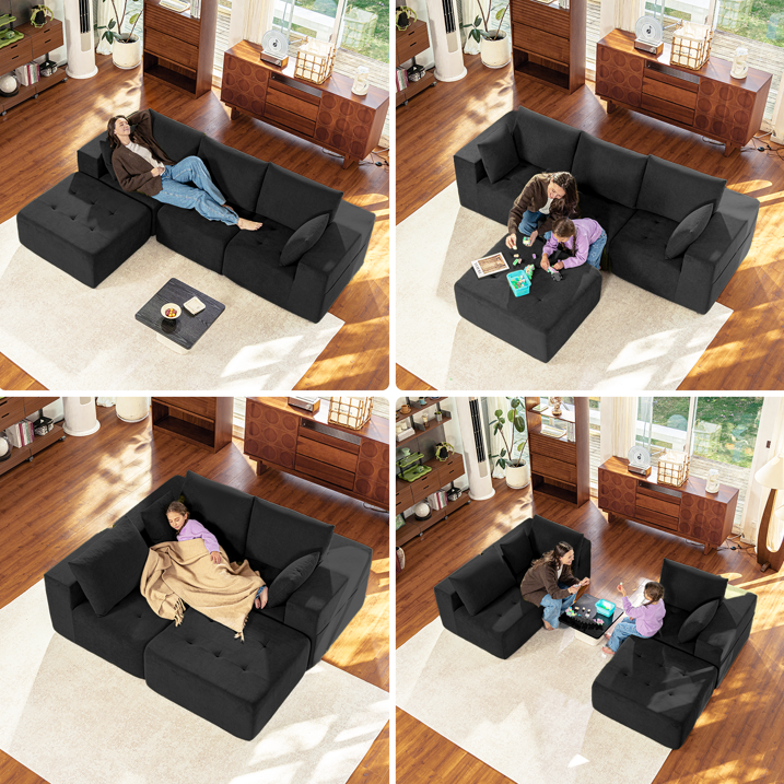 LazySunsets Modular Sectional Boneless Couch, Chenille Tufted Sectional Couches for Living Room, No Assembly L Shape Cloud Sofa with Throw Pillows & Storage Side Pocket (Black)