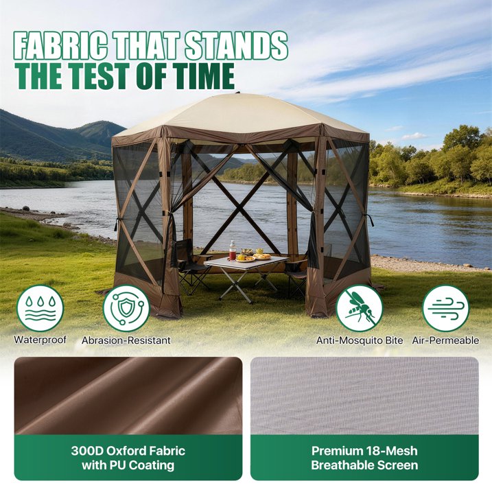 Clouddwell 12x12 FT Outdoor Pop-up Gazebo Tent, 6-Sided Screen Room with Waterproof UV-Blocking Canopy, Includes Carry Bag, Stakes & Ropes, Brown
