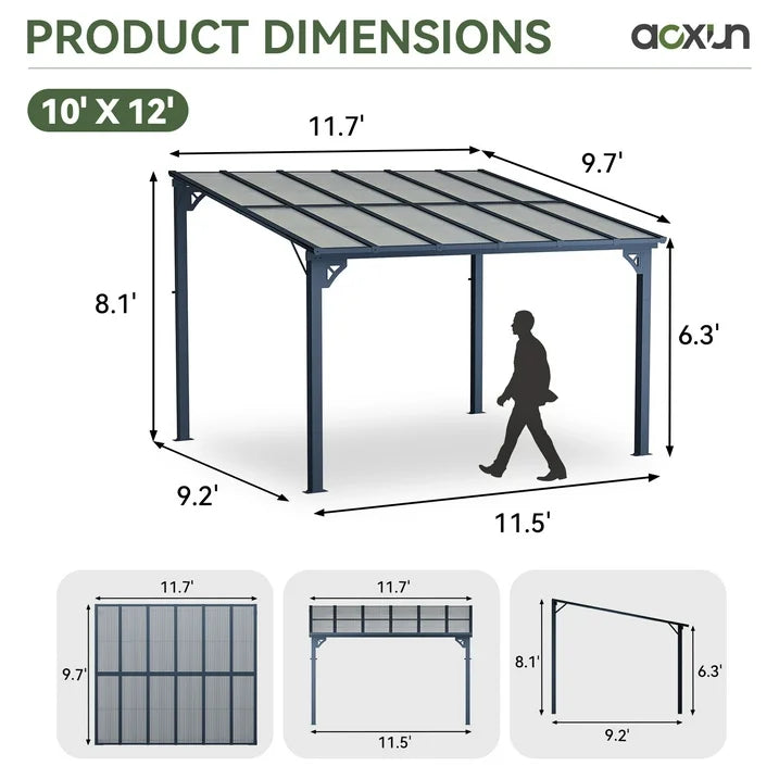 Sunmthink Outdoor Hardtop Gazebo for Patio 10' x 12', Wall-Mounted Lean to Gazebo Pergola with Roof