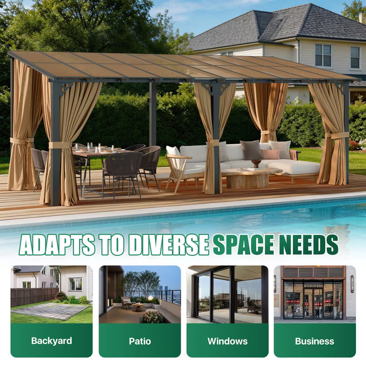 LazySunsets 10x20 FT Wall-Mounted Aluminum Gazebo Polycarbonate Roof with Full Mosquito Netting & Privacy Curtains