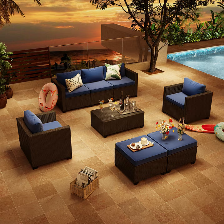 Clouddwell 7 Seats Patio Furniture Set with Storage Coffee Table, All Weather Wicker Outdoor Sectional With Thickened Cushion and Waterproof Cover, Blue