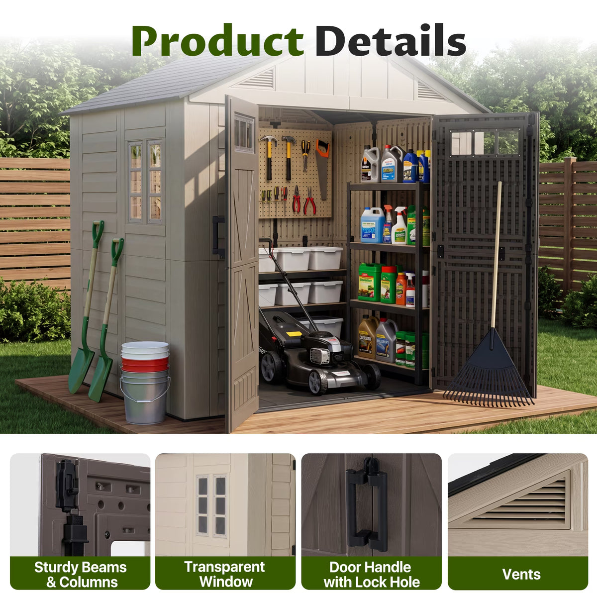 Dateyes 6'x8' Heavy Duty Resin Outdoor Storage Shed with Floor, All-Weather Resin Tool Shed with Window & Lockable Double Doors, Easy Assembly for Garden, Patio, Backyard